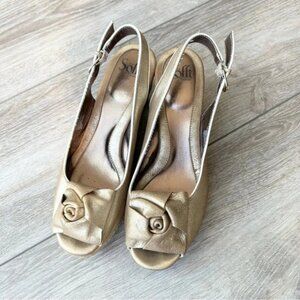 Sofft Gold Metallic Espadrilles Wedge Open Toe